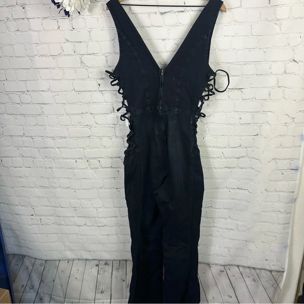New Free People Geanie Lace-Up Jumpsuit Black Size XL
